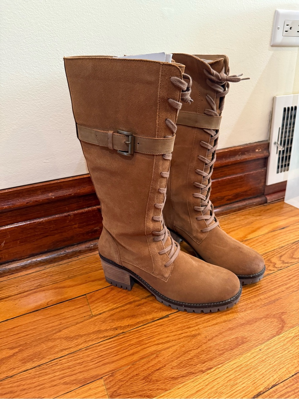 Women's Tan Suede Lace-Up Mid-Calf Boots with Buckle